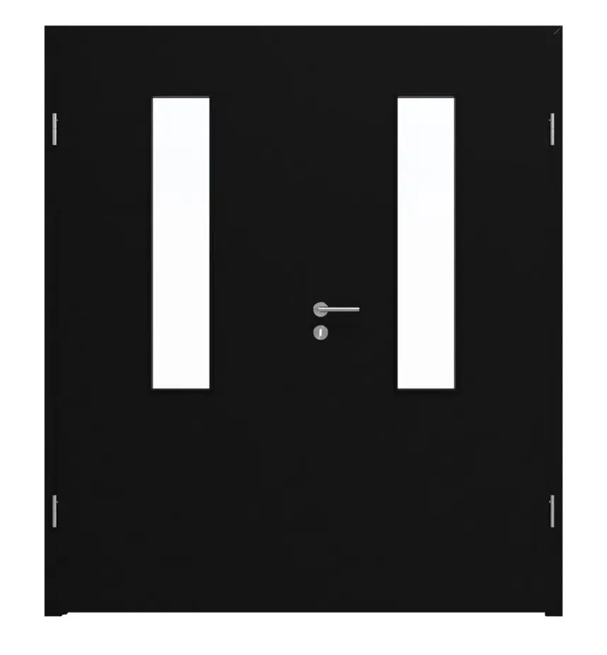Widok frontowy drzwi dwuskrzydłowych LEBO, czarny ultramatowy, podobny do RAL 9005 Lebosense, z przeszkleniem LA 4 na środku, z ościeżnicą.