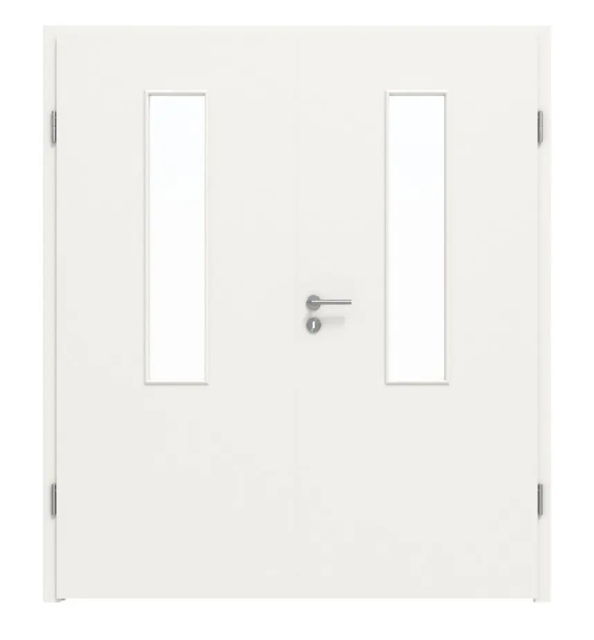 Widok frontowy marki LEBO, drzwi dwuskrzydłowe, ultramatowy biały beskidzki, podobny do RAL 9016, Lebosense z przeszkleniem 4 LA na środku, wraz z ościeżnicą.