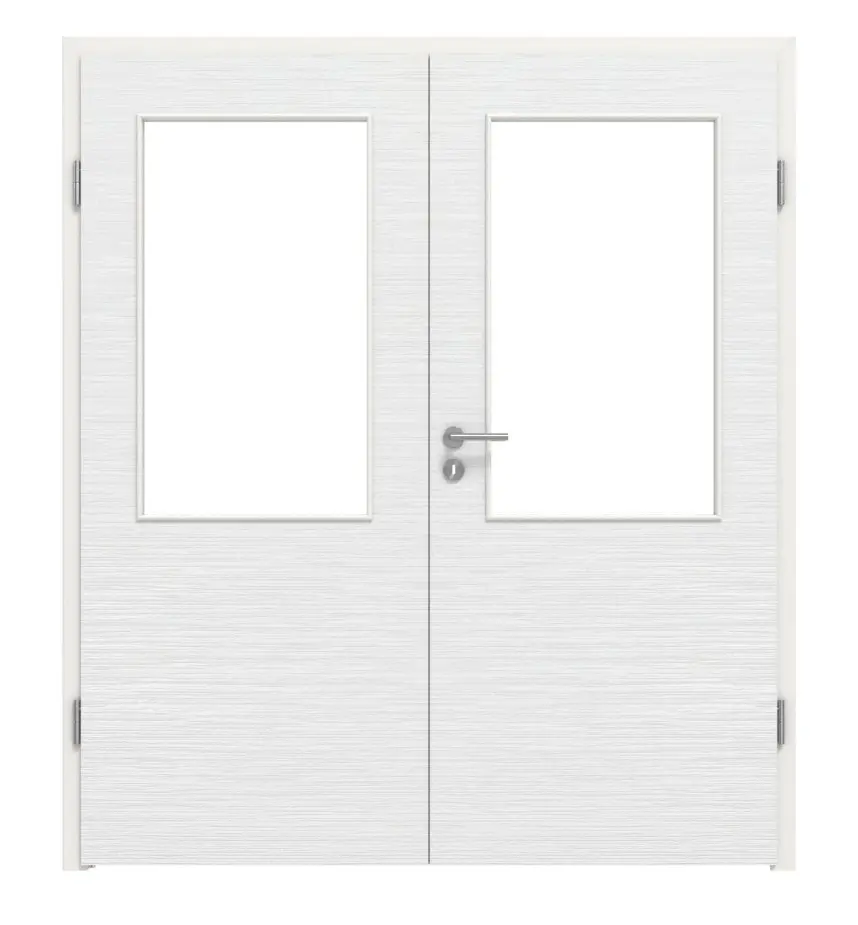 LEBO drzwi dwuskrzydłowe biel strukturyzowana podobna do RAL 9016 Versio z przeszkleniem LA 7 z ościeżnicą