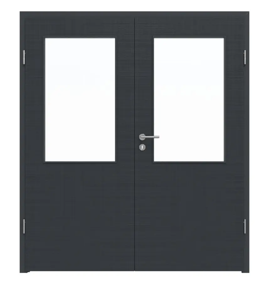 Widok frontowy LEBO drzwi dwuskrzydłowe Textile antracyt podobny do RAL 7016 Lebosense z przeszkleniem LA 7 wraz z ościeżnicą.