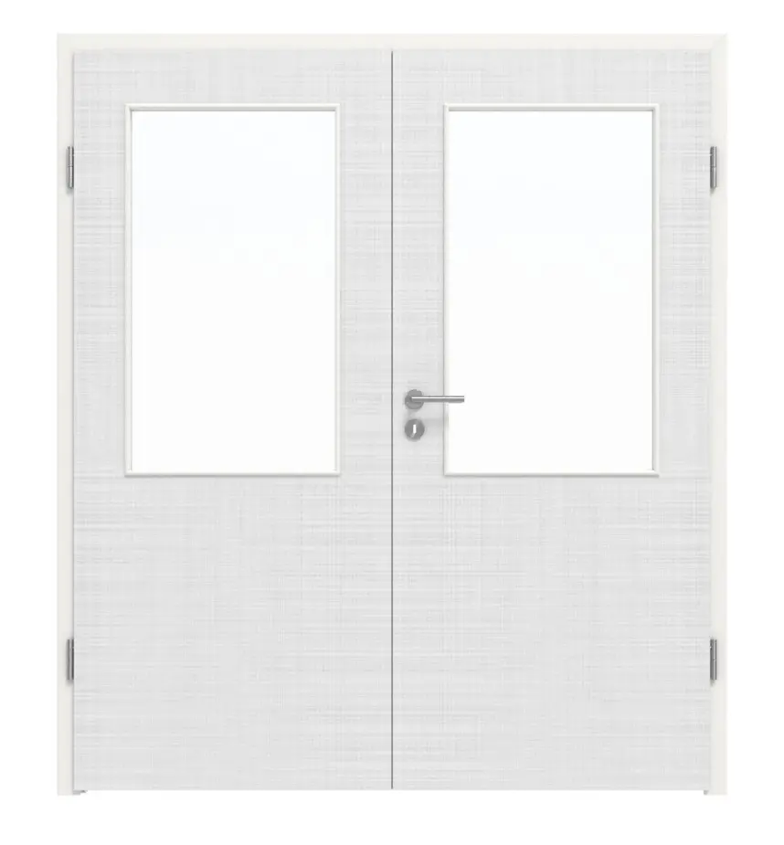 Widok frontowy marki LEBO, drzwi dwuskrzydłowe, biel bawełniana, podobny do RAL 9016, Versio z przeszkleniem LA 7, w tym ościeżnica.