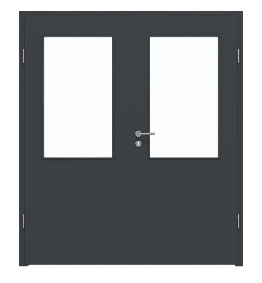Widok frontowy marki LEBO drzwi dwuskrzydłowe ultramatowy antracyt podobny do RAL 7016 Lebosense z przeszkleniem LA 7 z ościeżnicą.