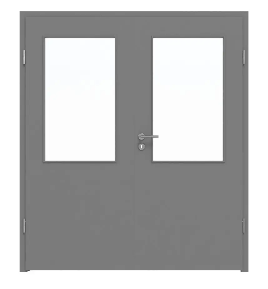 Widok frontowy marki LEBO drzwi dwuskrzydłowe ultramatowy szary stalowy podobny do RAL 7037 Lebosense z wycięciem na szybę LA 7 z ościeżnicą