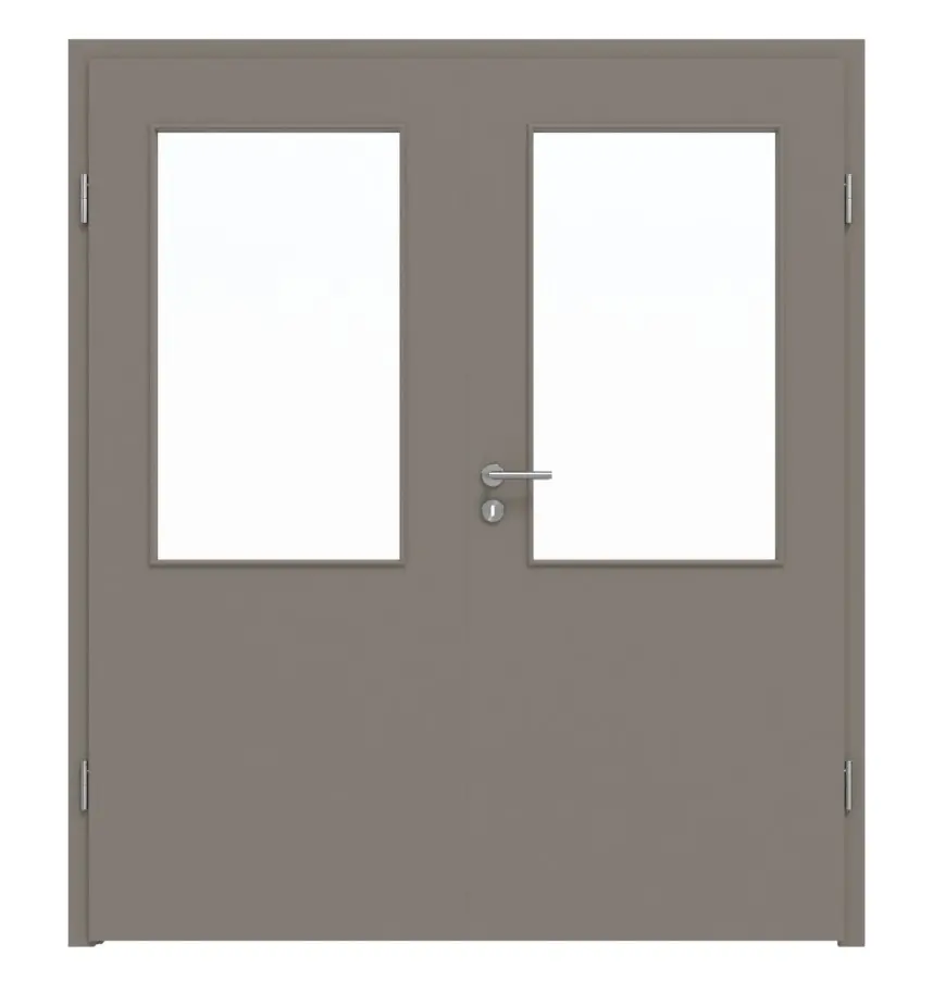 Widok frontowy drzwi dwuskrzydłowych marki LEBO, ultramatowy taupe (kolor ciemnoszaro-brązowy) Versio z przeszkleniem LA 7 wraz z ościeżnicą