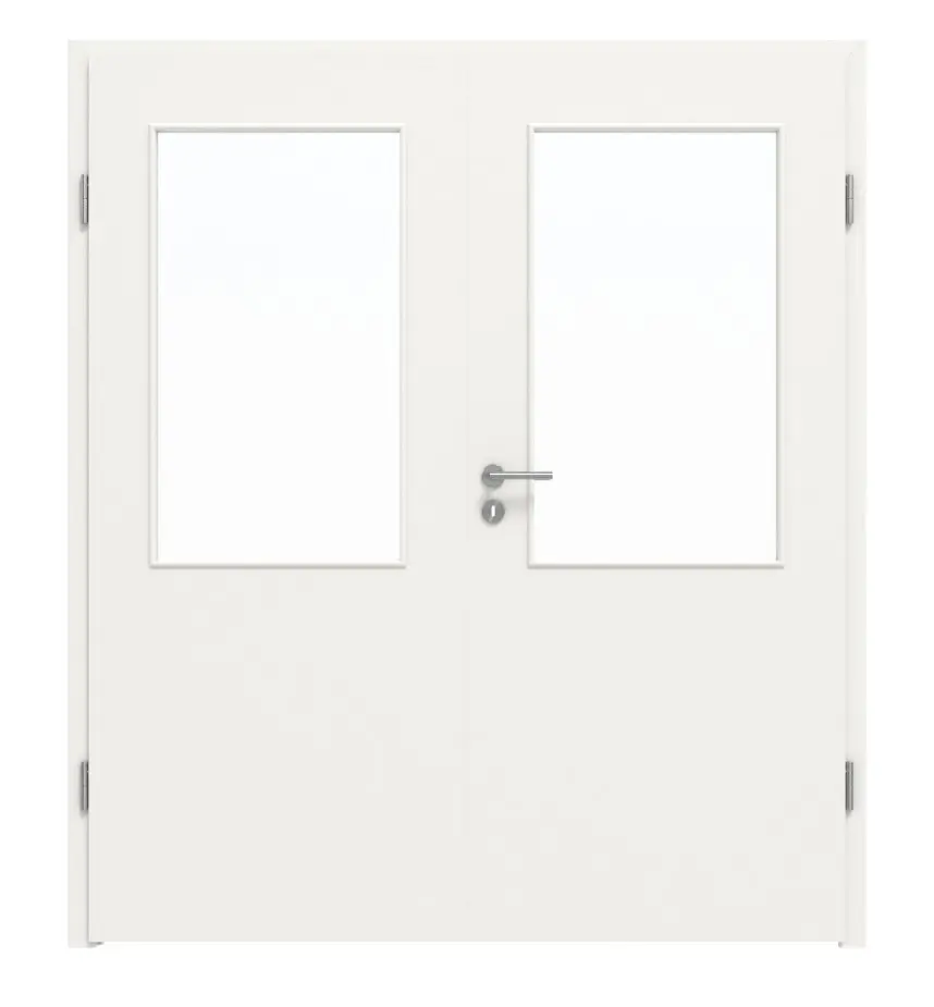 Widok frontowy drzwi dwuskrzydłowych LEBO, ultramatowy biały beskidzki, podobny do RAL 9016 Lebosense, z przeszkleniem LA 7 i ościeżnicą.