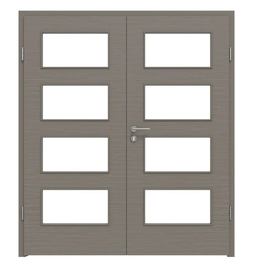 Widok frontowy drzwi dwuskrzydłowych LEBO szczotkowane taupe (kolor ciemnoszaro-brązowy) Lebosense z przeszkleniem LA 9 wraz z ościeżnicą