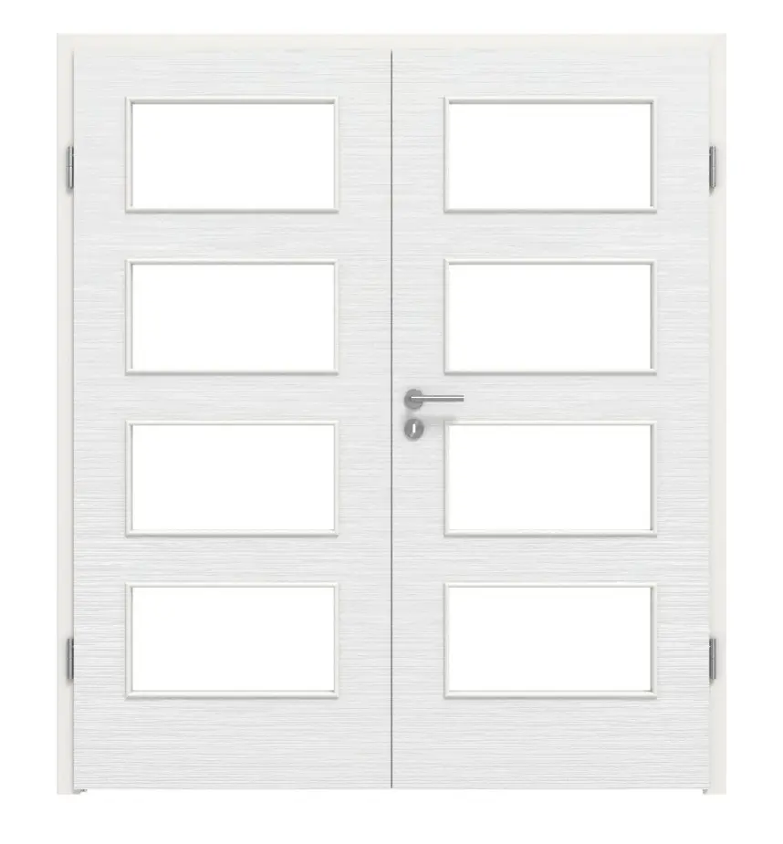 Widok frontowy marki LEBO drzwi dwuskrzydłowe biel strukturyzowana podobny do RAL 9016 Versio z przeszkleniem LA 9 z ościeżnicą