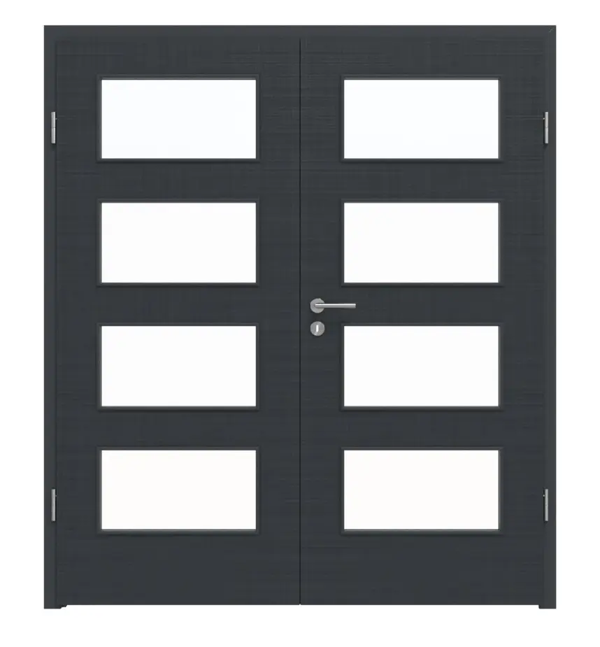 Widok frontowy marki LEBO drzwi dwuskrzydłowe Textile antracyt podobny do RAL 7016 Lebosense z przeszkleniem LA 9 w zestawie z ościeżnicą.