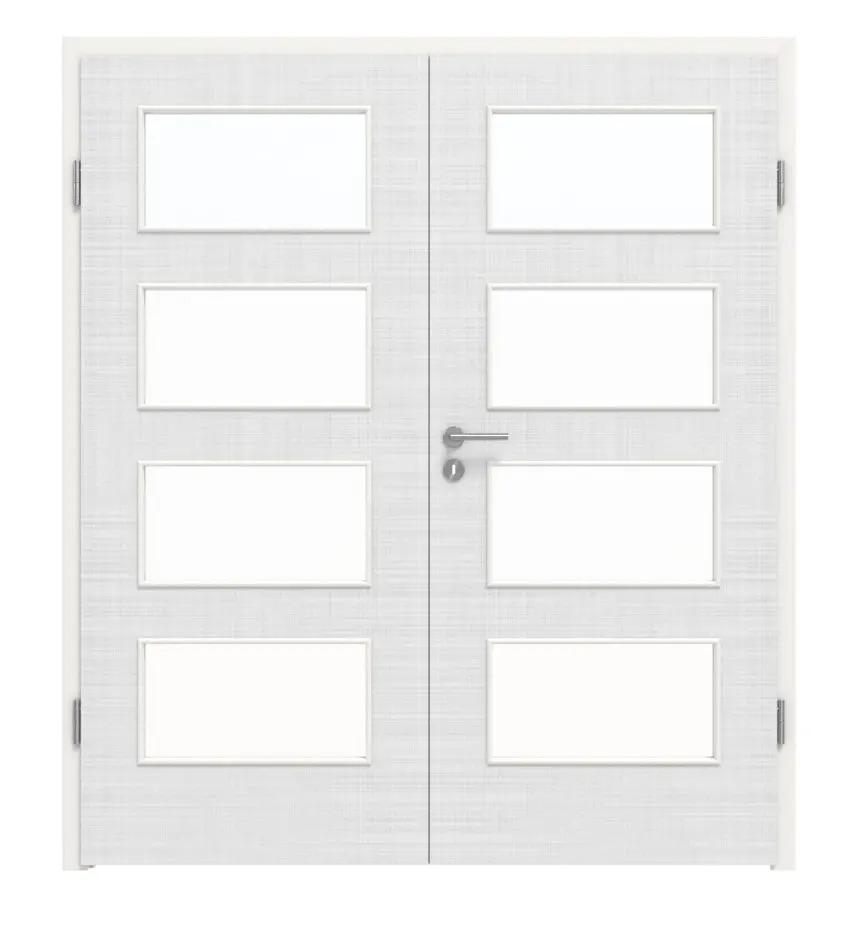 Widok frontowy marki LEBO, drzwi dwuskrzydłowe Textile biały beskidzki podobny do RAL 9016 Lebosense z przeszkleniem LA 9 wraz z ościeżnicą.