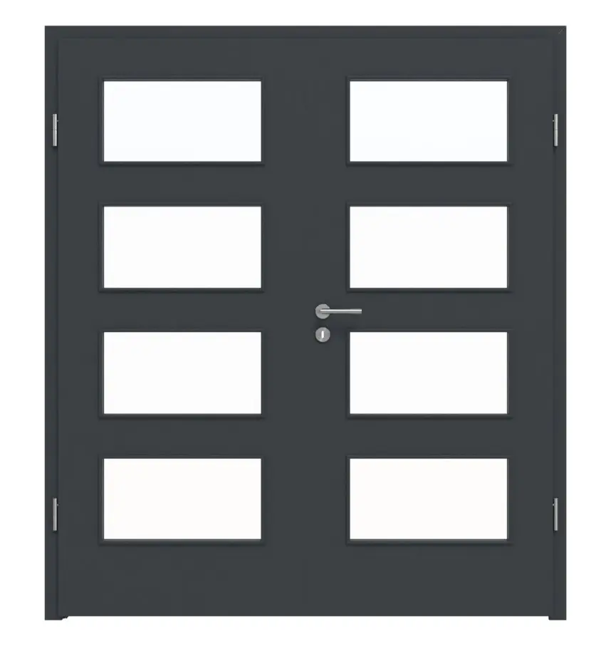 Widok frontowy drzwi dwuskrzydłowych marki LEBO, ultramatowy antracyt podobny do RAL 7016, Lebosense z przeszkleniem LA 9 i ościeżnicą.