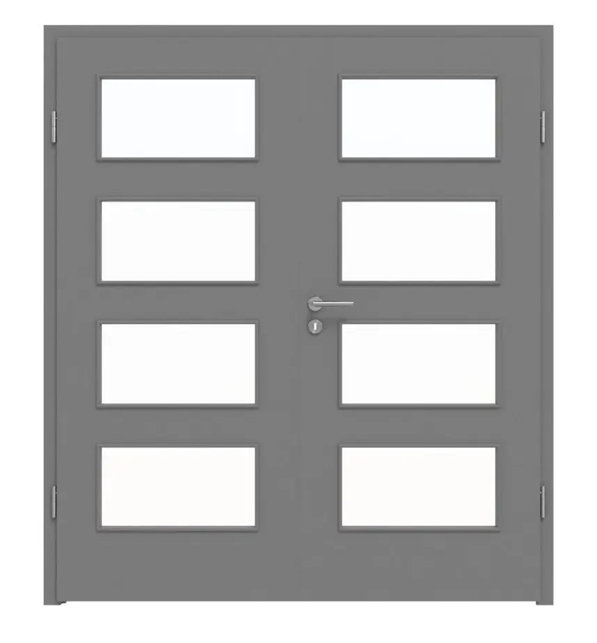 Widok frontowy marki LEBO drzwi dwuskrzydłowe ultramatowy Hygge szary podobny do RAL 7037 Versio z przeszkleniem LA 9 wraz z ościeżnicą.