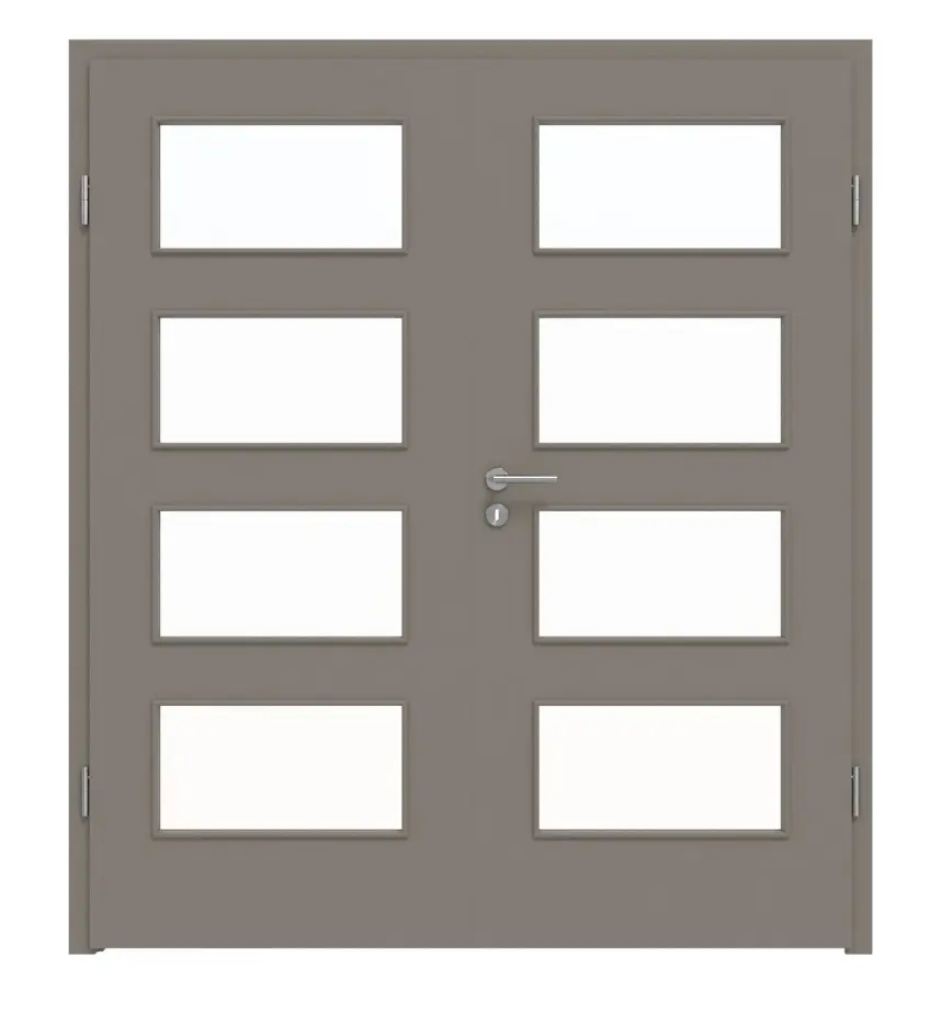 Widok frontowy drzwi dwuskrzydłowych marki LEBO, ultramatowy taupe (kolor ciemnoszaro-brązowy) Lebosense z przeszkleniem LA 9 i ościeżnicą.