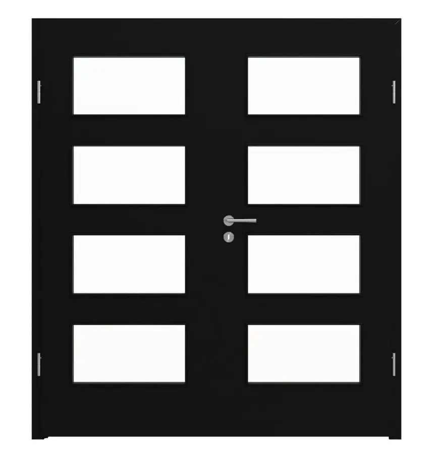 Widok frontowy marki LEBO drzwi dwuskrzydłowe czarny ultramatowy podobny do RAL 9005 Lebosense z przeszkleniem LA 9 z ościeżnicą.