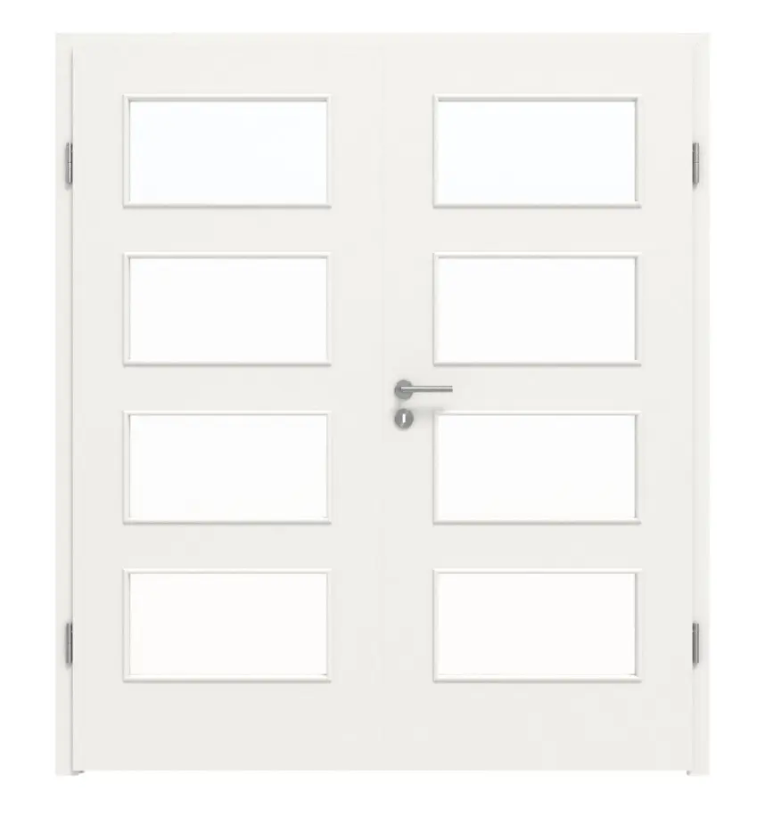 Widok frontowy 2-skrzydłowych drzwi LEBO, ultramatowy biały beskidzki podobny do RAL 9016 Lebosense z przeszkleniem LA 9 wraz z ościeżnicą.