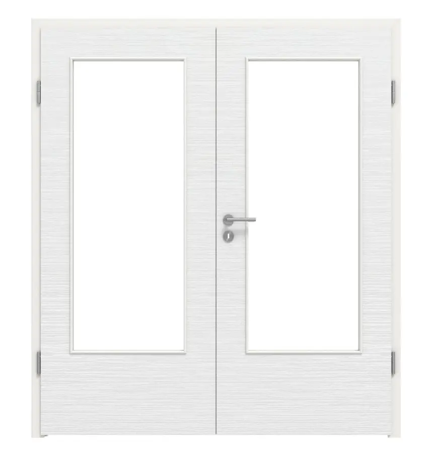 LEBO drzwi dwuskrzydłowe biel strukturyzowana podobna do RAL 9016 Versio z przeszkleniem LA-DIN wraz z ościeżnicą
