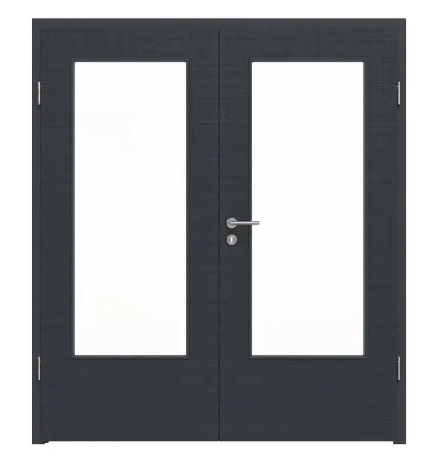 Widok frontowy marki LEBO drzwi dwuskrzydłowe Cotton Like antracyt podobny do RAL 7016 Versio z przeszkleniem LA-DIN z ościeżnicą