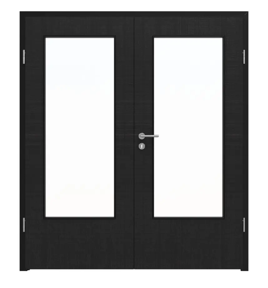 Widok frontowy marki LEBO drzwi dwuskrzydłowe Textile czarny podobny do RAL 9005 Lebosense z przeszkleniem LA-DIN z ościeżnicą