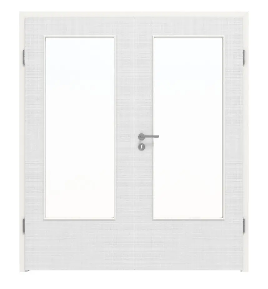 Widok frontowy firmy LEBO, drzwi dwuskrzydłowe, biel bawełniana, podobny do RAL 9016, Versio z przeszkleniem LA-DIN, wraz z ościeżnicą.