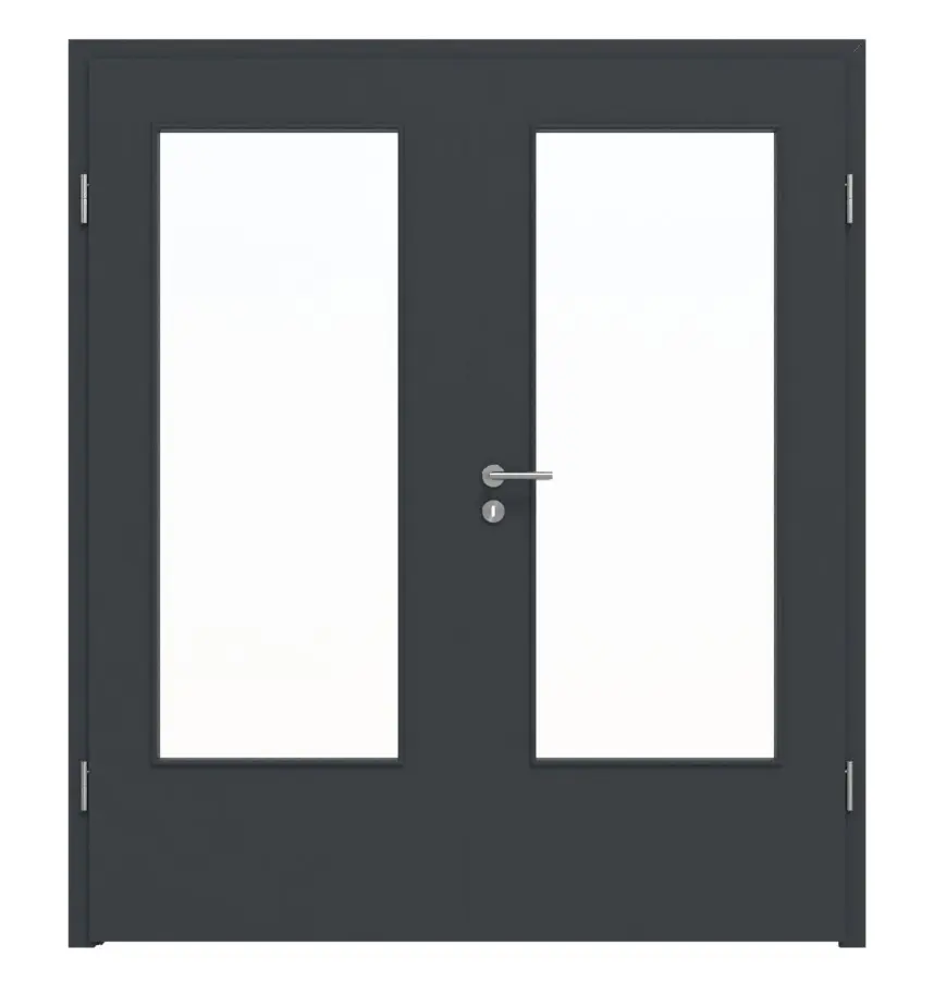 Widok frontowy LEBO, drzwi 2-skrzydłowe, ultramatowy antracyt podobny do RAL 7016 Lebosense z przeszkleniem LA-DIN z ościeżnicą.
