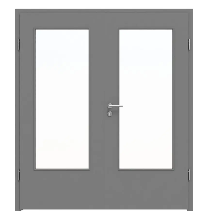 Widok frontowy marki LEBO, drzwi dwuskrzydłowe, ultramatowy szary stalowy, podobny do RAL 7037 Lebosense z przeszkleniem LA-DIN, z ościeżnicą