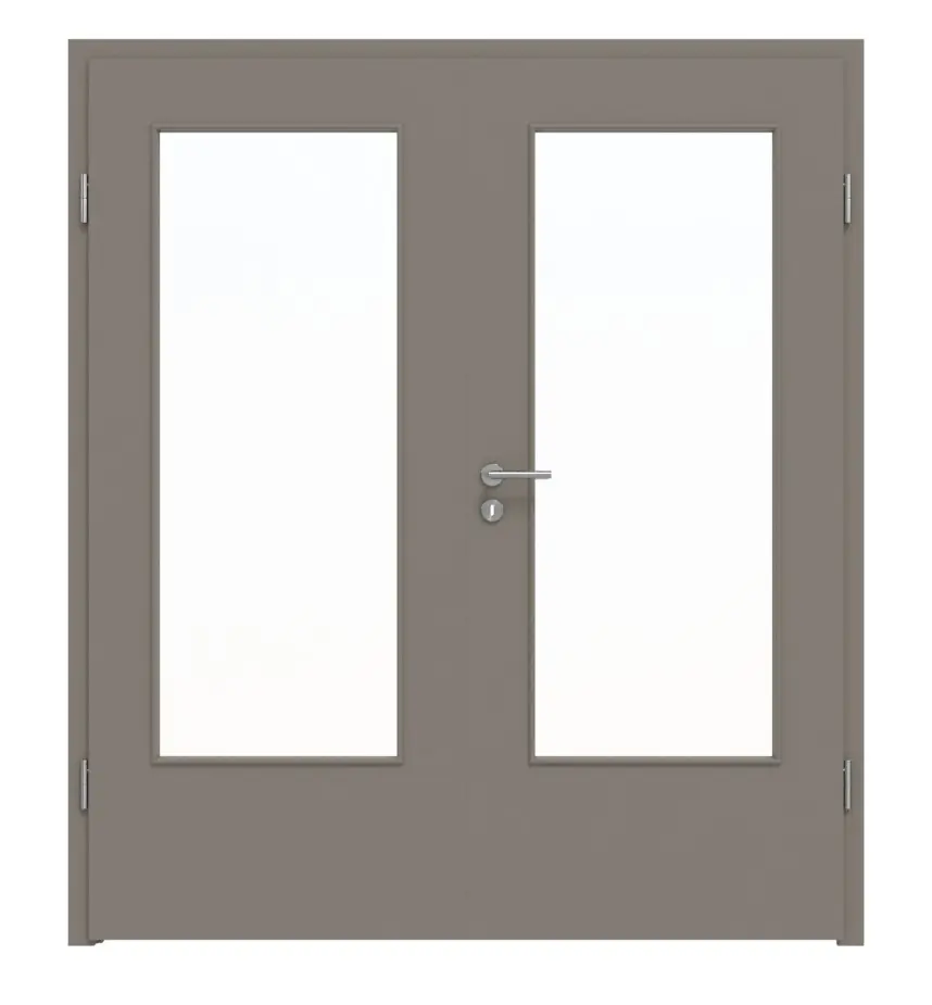 Widok frontowy firmy LEBO drzwi dwuskrzydłowe ultramatowy taupe (kolor ciemnoszaro-brązowy) Versio z przeszkleniem LA-DIN z ościeżnicą