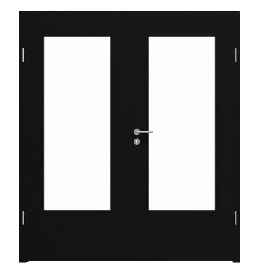 Widok frontowy marki LEBO drzwi dwuskrzydłowe ultramatowy czarny podobny do RAL 9005 Lebosense z przeszkleniem LA-DIN wraz z ościeżnicą