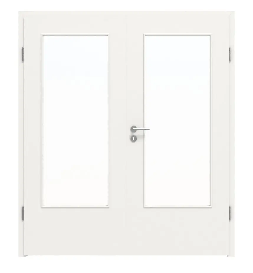 Widok frontowy marki LEBO, drzwi dwuskrzydłowe, ultramatowy biały beskidzki, podobny do RAL 9016, Lebosense z przeszkleniem LA-DIN, w tym ościeżnica.