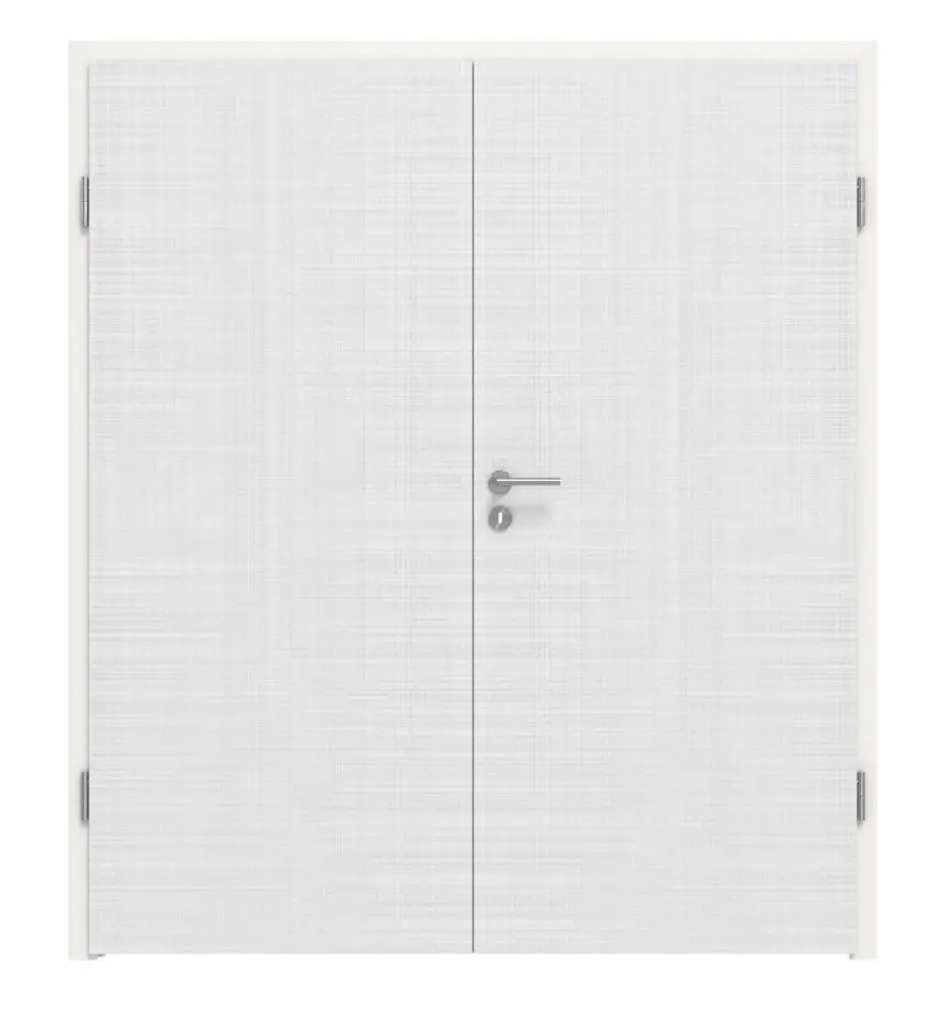 Widok frontowy marki LEBO, drzwi dwuskrzydłowe, biel bawełniana, podobna do RAL 9016, Versio, z ościeżnicą