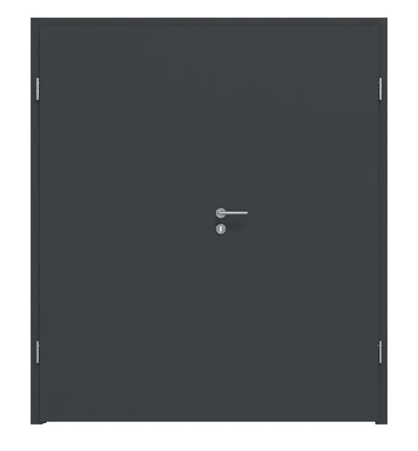 Widok frontowy drzwi dwuskrzydłowych LEBO, ultramatowy antracyt podobny do RAL 7016 Lebosense w zestawie z ościeżnicą.