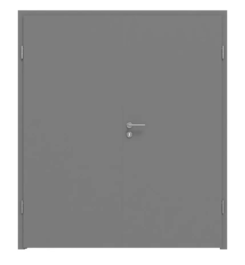 Widok frontowy drzwi dwuskrzydłowych LEBO, ultramatowy szary stalowy podobny do RAL 7037, Lebosense, z ościeżnicą.
