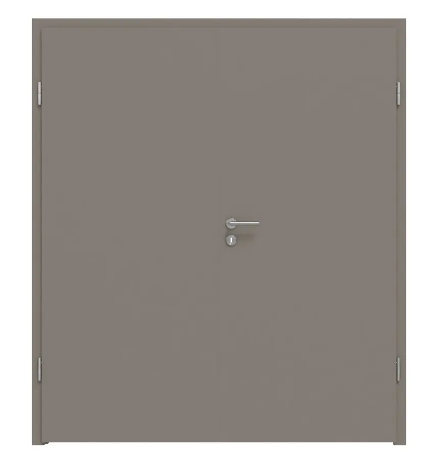 Widok frontowy drzwi dwuskrzydłowych firmy LEBO ultramatowy taupe (kolor ciemnoszaro-brązowy) Versio wraz z ościeżnicą