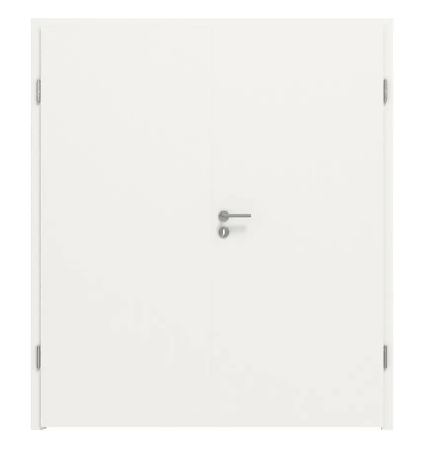 Widok frontowy marki LEBO, drzwi dwuskrzydłowe, ultramatowy biały beskidzki, podobny do RAL 9016, Lebosense wraz z ościeżnicą.