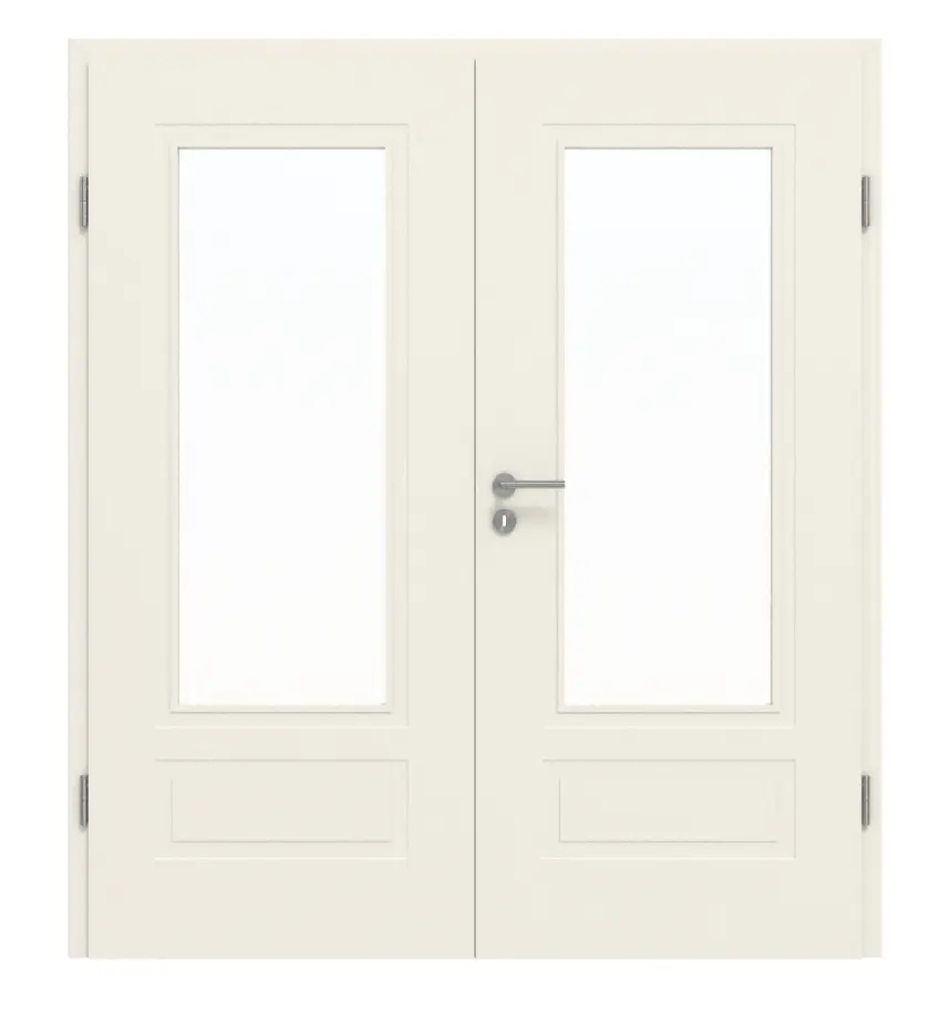 Widok frontowy drzwi dwuskrzydłowych Milano marki GARANT, biały lakier, z przeszkleniem ML2/1 i ościeżnicą
