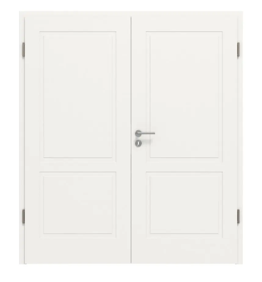 Widok frontowy drzwi dwuskrzydłowych Lacuna 2 klasyczny biały lakier z ościeżnicą - Huga