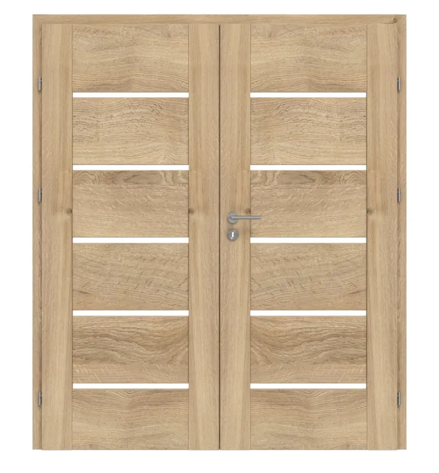Widok frontowy drzwi dwuskrzydłowych Nexo M3 dąb Karlstadt folia dekoracyjna z przeszkleniem i ościeżnicą