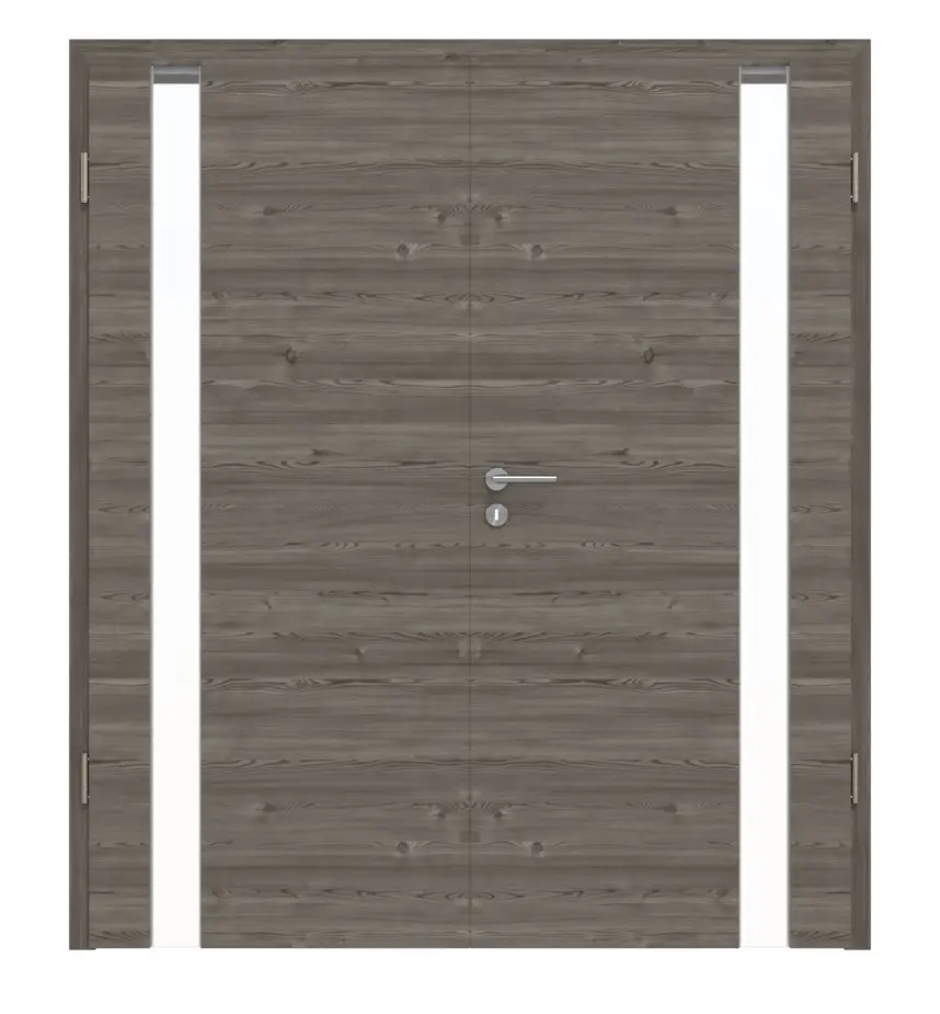 HÖRMANN 2-skrzydłowe Pure 1 szczotkowane modrzew ciemny wzdłuż Duradecor DesignLine z przeszkleniem po stronie zawiasów z ościeżnicą