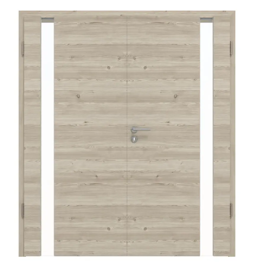HÖRMANN drzwi dwuskrzydłowe Pure 1 szczotkowany modrzew jasny wzdłuż Duradecor DesignLine z przeszkleniem po stronie zawiasów z ościeżnicą