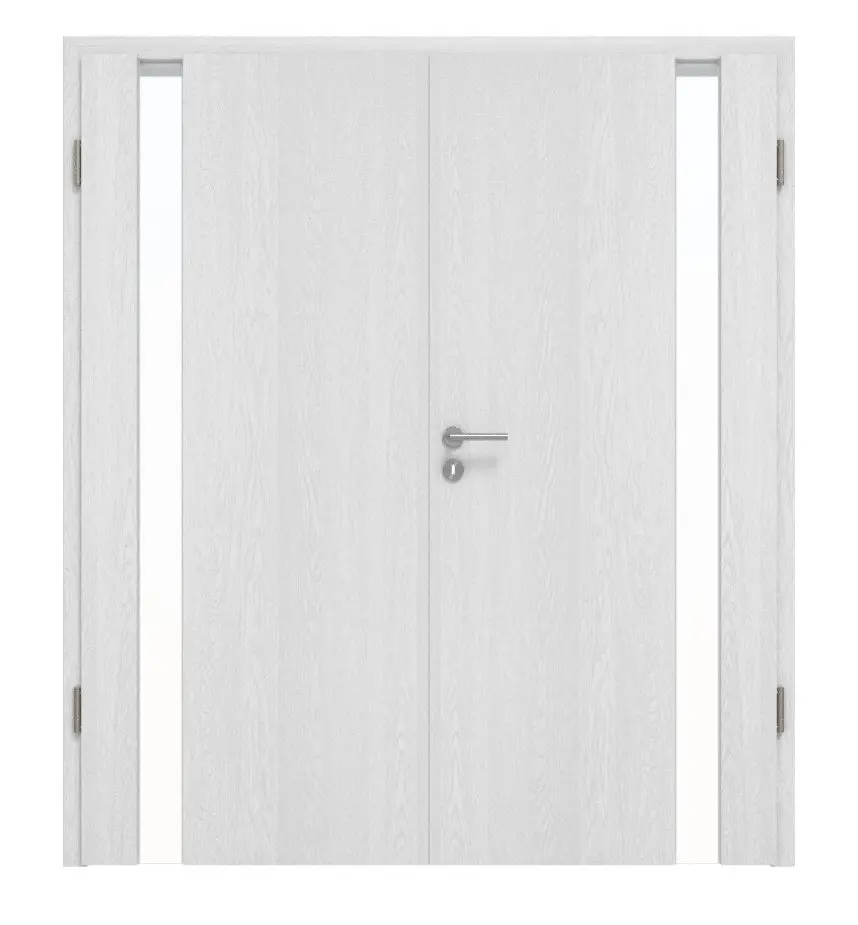 Widok frontowy marki Huga, drzwi dwuskrzydłowe Smart 1 dąb biały Durat Concept z przeszkleniem, strona zawiasowa z ościeżnicą.