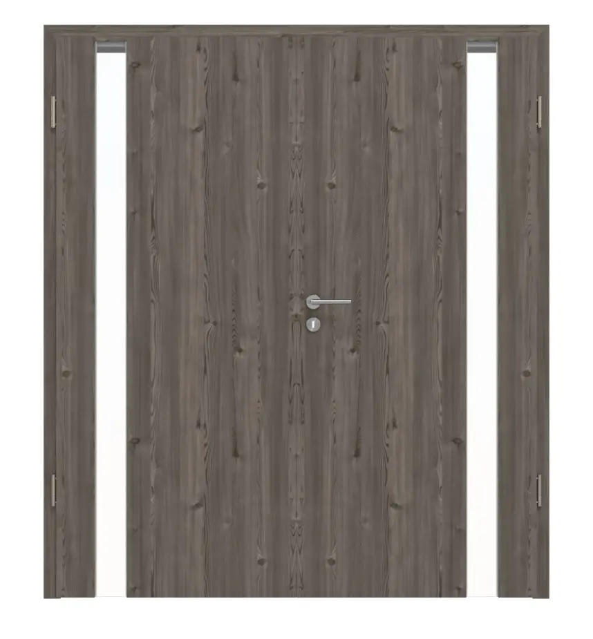 HÖRMANN drzwi 2-skrzydłowe Pure 1 szczotkowany modrzew ciemny Duradecor DesignLine z przeszkleniem po stronie zawiasów z ościeżnicą