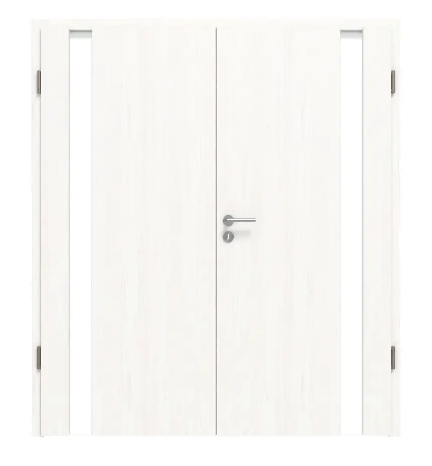 HÖRMANN Drzwi dwuskrzydłowe Pure 1 biel szczotkowana Duradecor DesignLine z przeszkleniem po stronie zawiasów z ościeżnicą