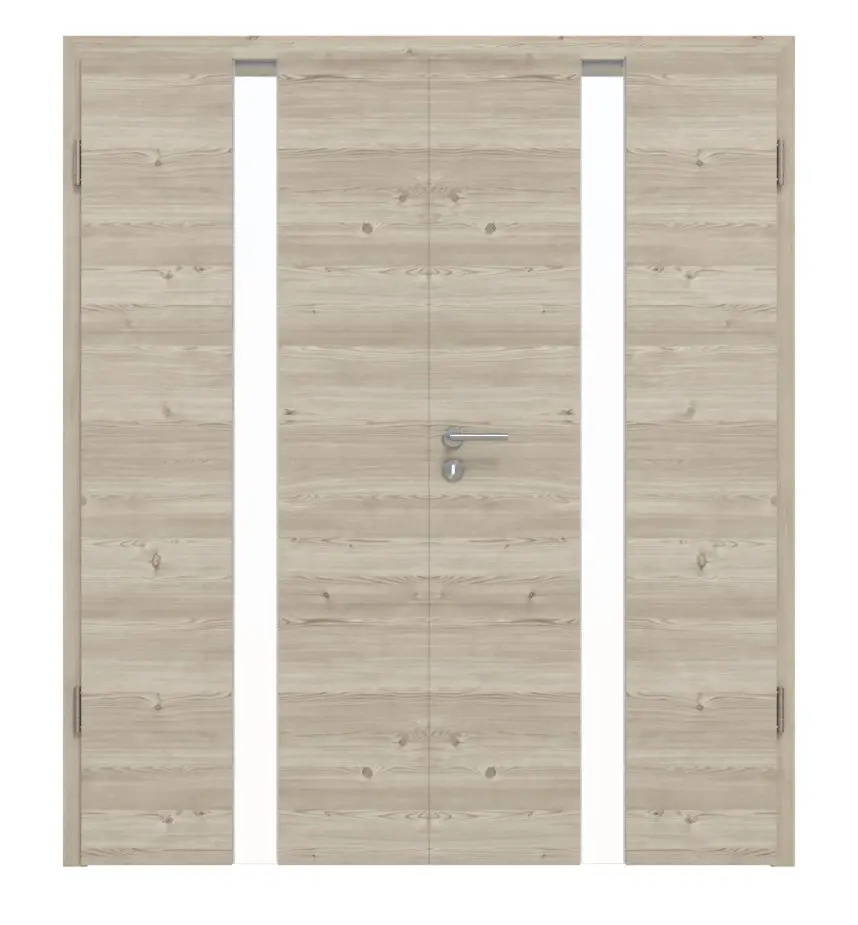HÖRMANN drzwi dwuskrzydłowe Pure 1 szczotkowany modrzew jasny wzdłuż Duradecor DesignLine z przeszkleniem na środku z ościeżnicą