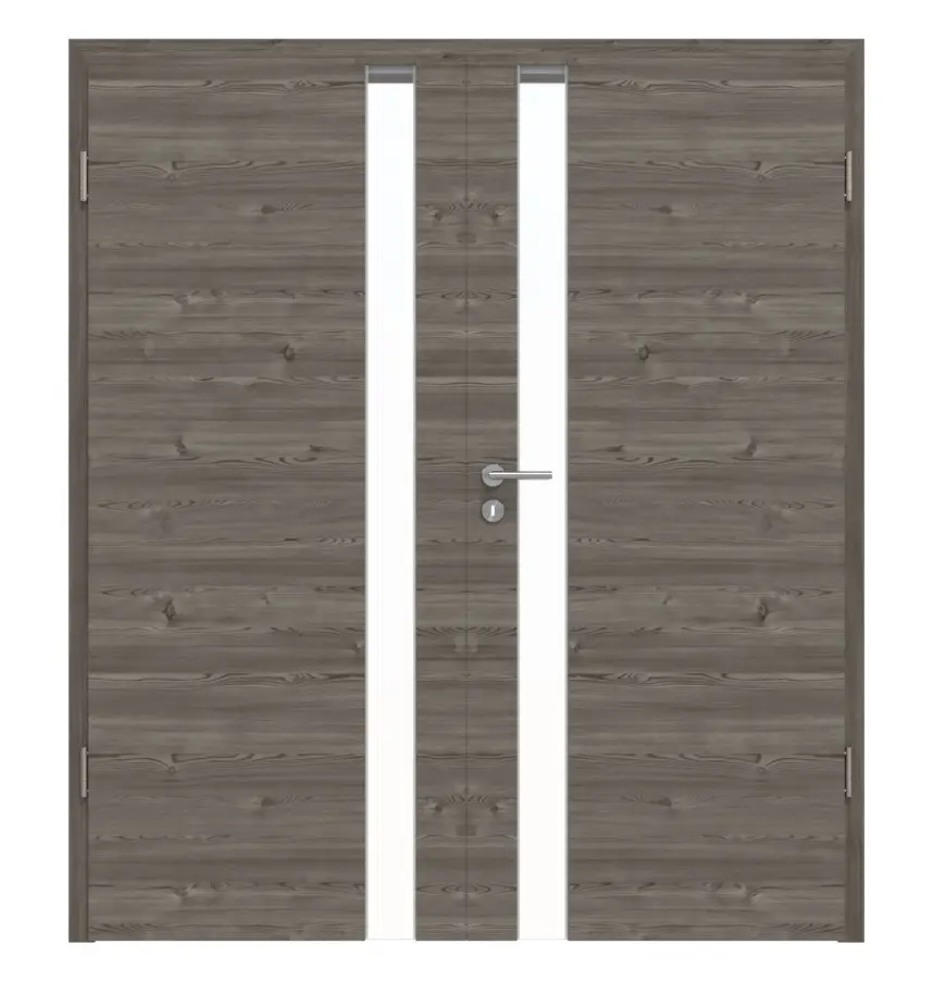 HÖRMANN drzwi 2-skrzydłowe Pure 1 szczotkowane modrzew ciemny wzdłuż Duradecor DesignLine z przeszkleniem od strony zamka z ościeżnicą
