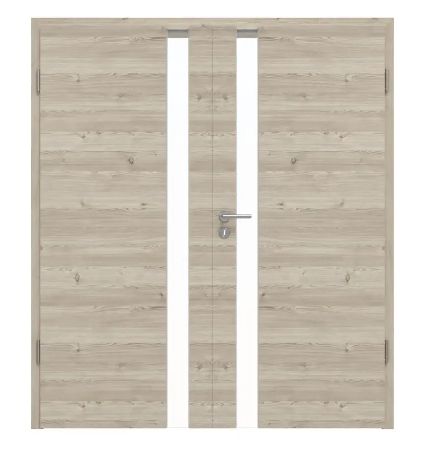 HÖRMANN drzwi dwuskrzydłowe Pure 1 szczotkowane modrzew jasny układ pionowy Duradecor DesignLine z przeszkleniem od strony zamka z ościeżnicą
