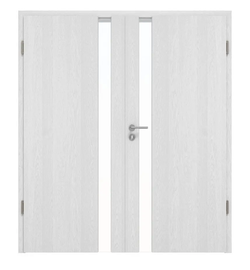 Widok frontowy drzwi dwuskrzydłowych Huga Smart 1 dąb biały Durat Concept z przeszkleniem od strony zamka z ościeżnicą.