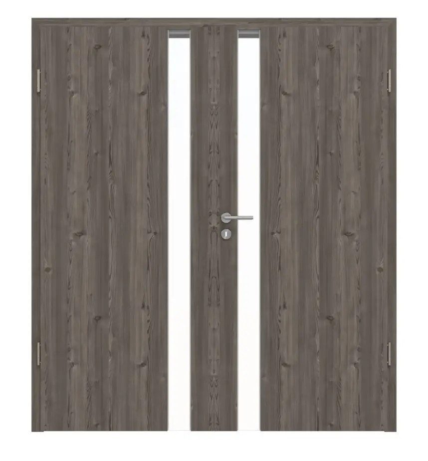 HÖRMANN drzwi 2-skrzydłowe Pure 1 szczotkowany modrzew ciemny Duradecor DesignLine z przeszkleniem od strony zamka z ościeżnicą