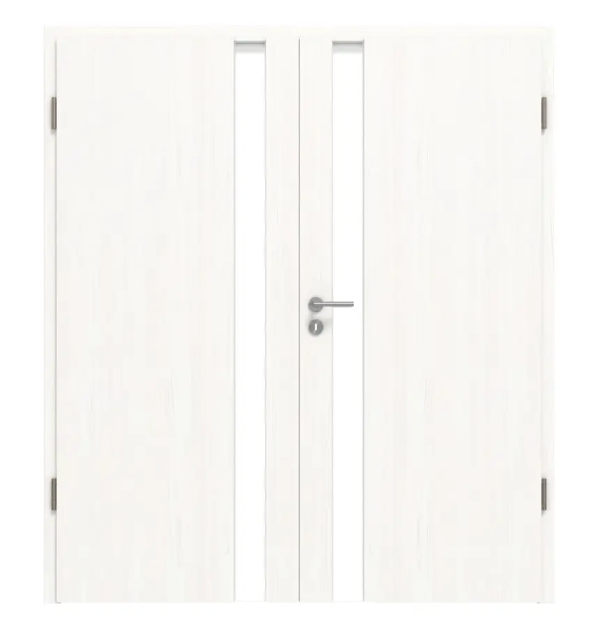 HÖRMANN Drzwi dwuskrzydłowe Pure 1 biel szczotkowana Duradecor DesignLine z przeszkleniem po stronie zamka z ościeżnicą