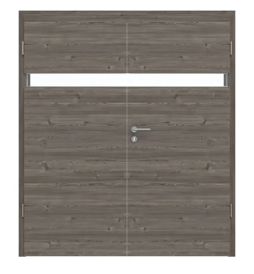 HÖRMANN drzwi dwuskrzydłowe Pure 1 szczotkowane modrzew ciemny wzdłuż Duradecor DesignLine z przeszkleniem wzdłuż z ościeżnicą