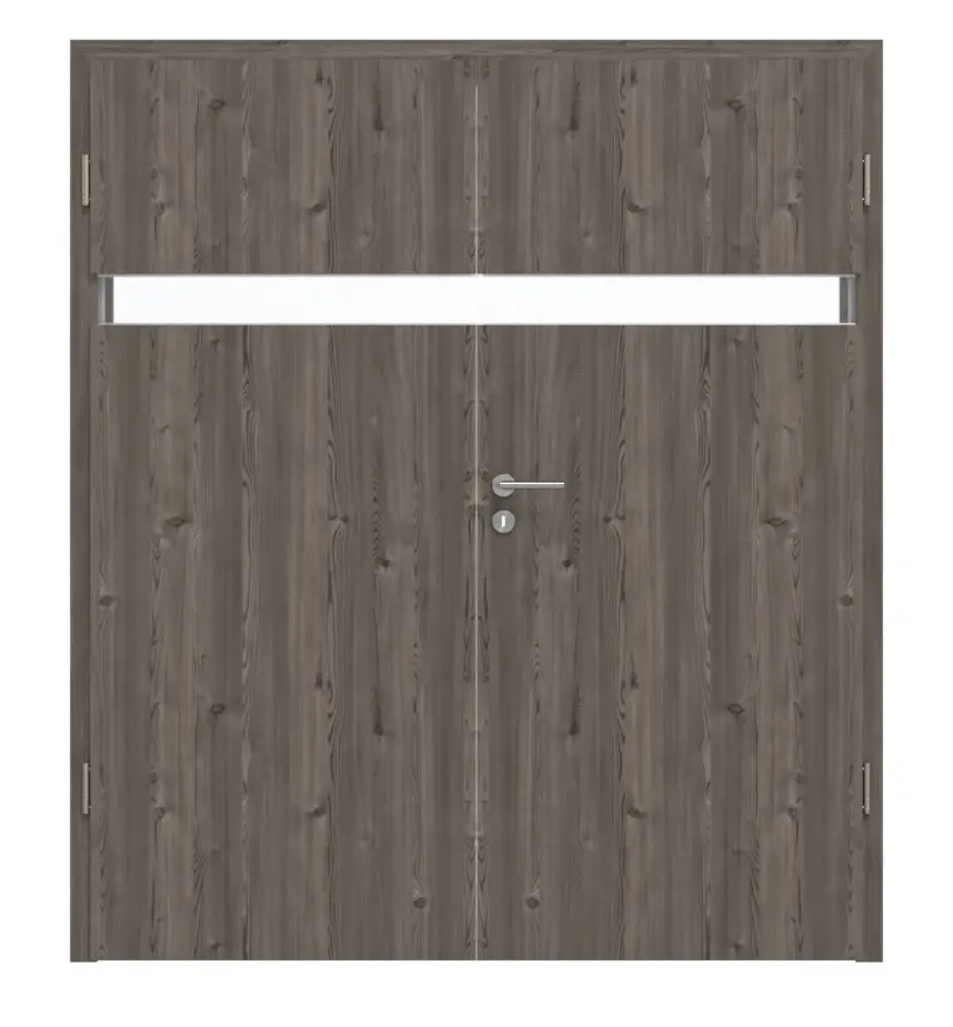 HÖRMANN drzwi dwuskrzydłowe Pure 1 szczotkowane modrzew ciemny Duradecor DesignLine z przeszkleniem wzdłuż z ościeżnicą