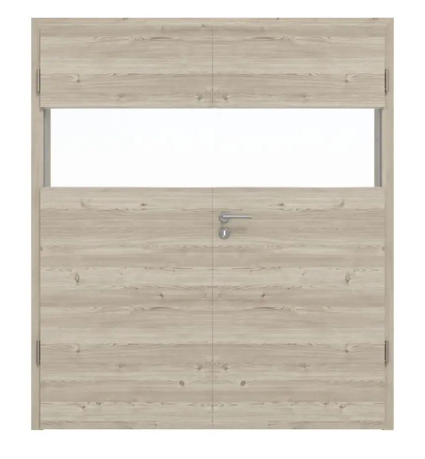 HÖRMANN drzwi dwuskrzydłowe Pure 2 szczotkowane modrzew jasny wzdłuż Duradecor DesignLine z przeszkleniem wzdłuż z ościeżnicą