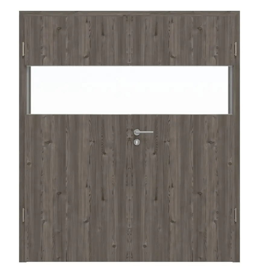 HÖRMANN drzwi dwuskrzydłowe Pure 2 szczotkowane modrzew ciemny Duradecor DesignLine z przeszkleniem wzdłuż z ościeżnicą